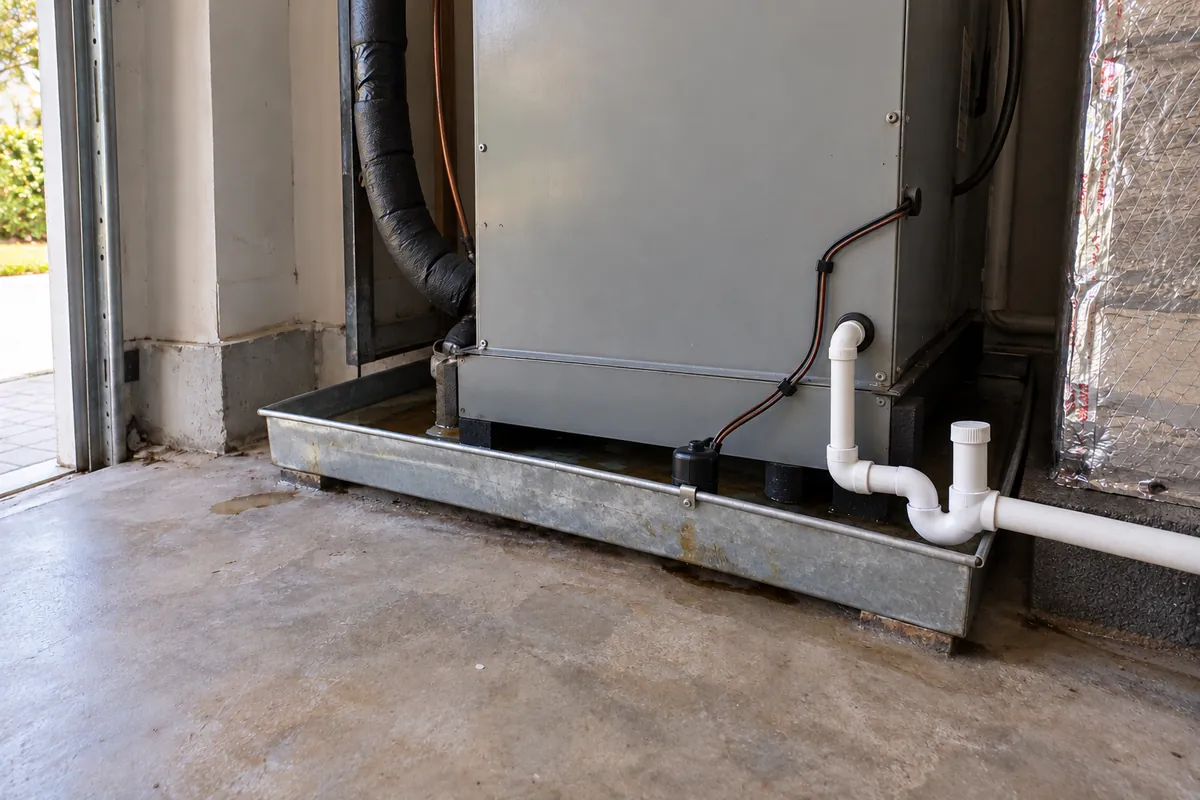 Air handler in a garage closet standing in a metal drain pan with a condensate line, commercial hvac in Las Vegas, NV