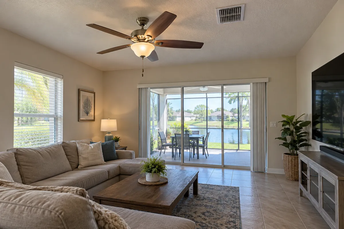 Living room with a ceiling fan and a ceiling supply vent, ductless mini-split systems in Las Vegas, NV